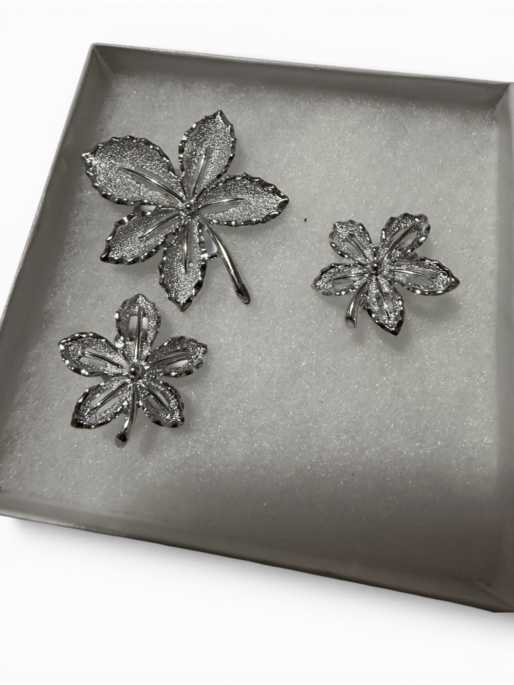 Vintage Silver Tone Floral Brooch & Clip-On Earrings Set (3-Piece)